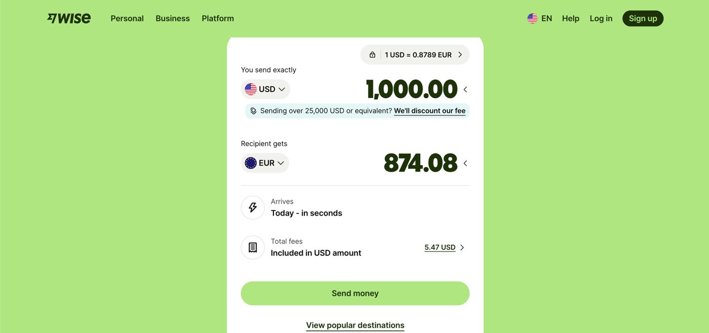 Wise transfer calculator showing a live rate of 1 USD = 0.8789 EUR, 1,000.00 USD sent, 874.08 EUR received, total fees 5.47 USD